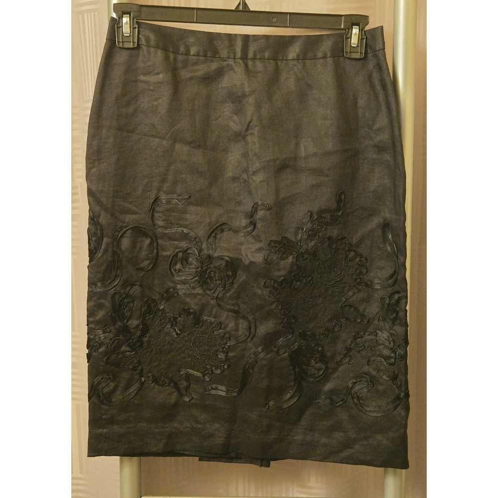 Forth & Towne Prize Brown Ramie Embroidered Floral Ribbon Pencil Skirt Size 8